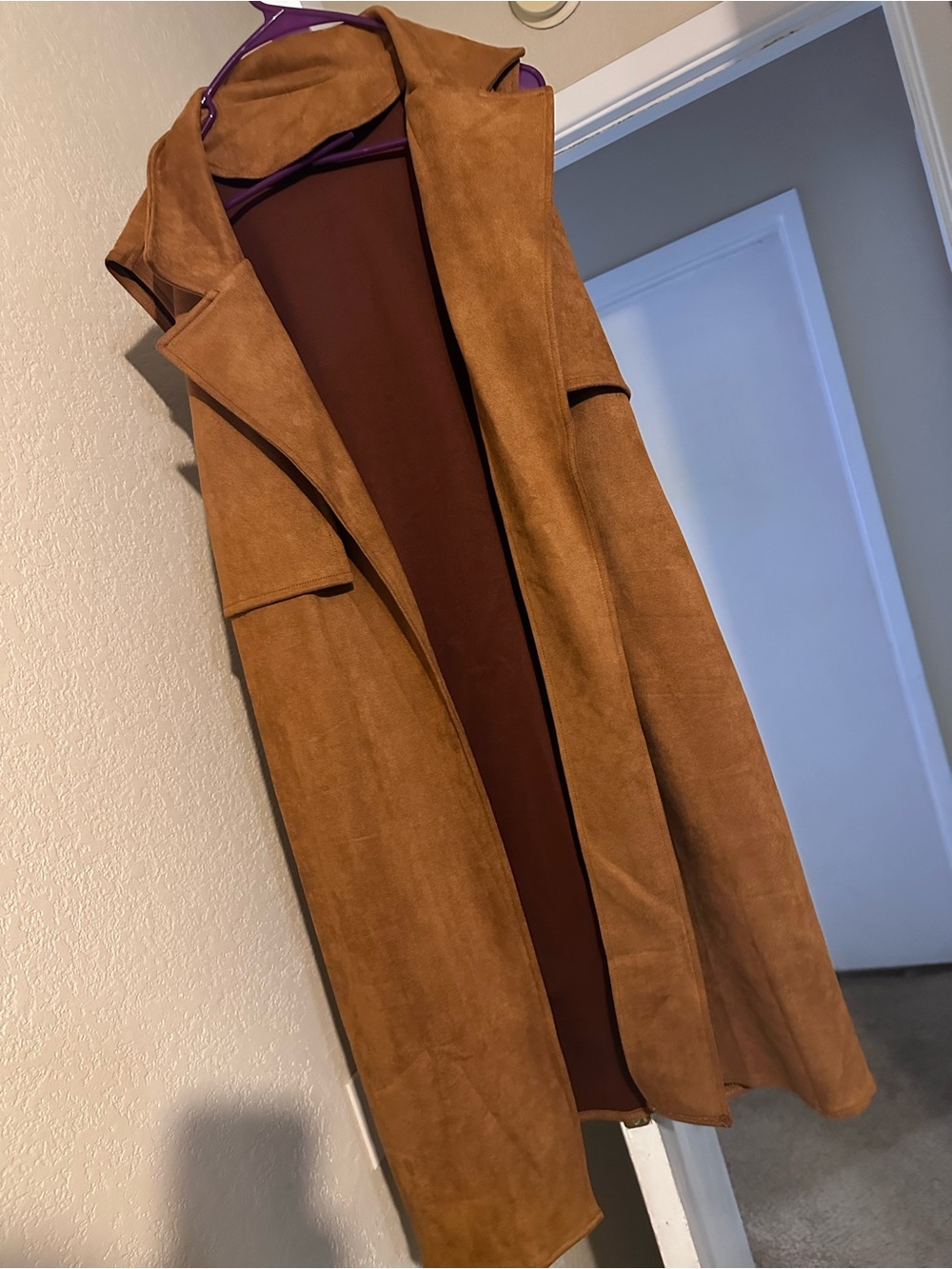 Women's Suede-Look Long Vest Coat - Tan